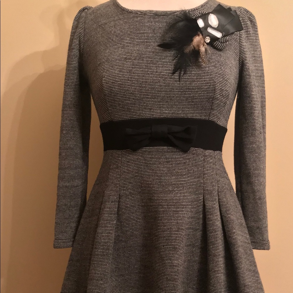 Black and Grey wool dress with feather detail